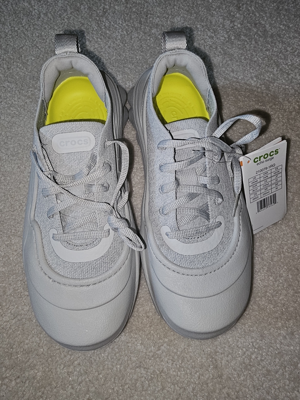 CROCS Echo Surge Unisex Gray Sneakers with Neon Yellow Insoles